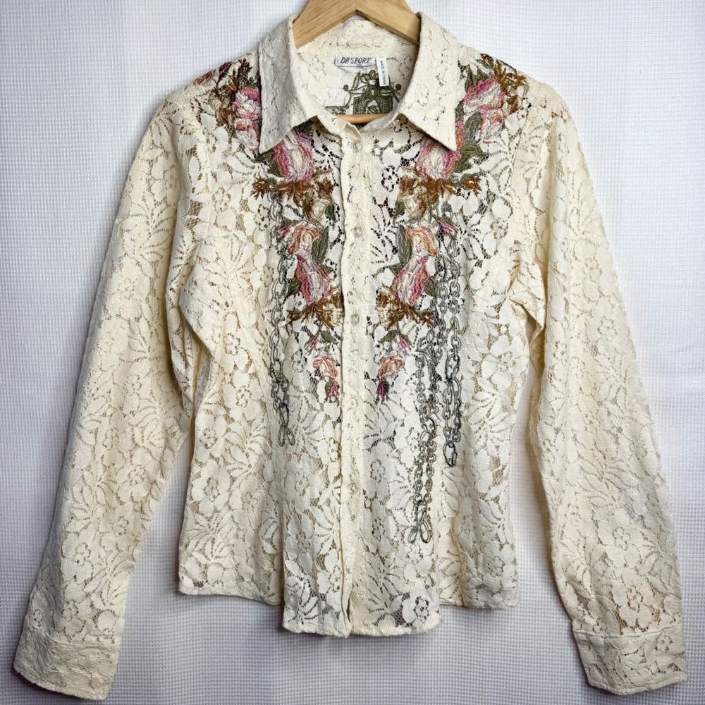 Vintage Y2K Lace Embroidered Butterfly Floral Shirt Cream Whimsigoth Fairy Large